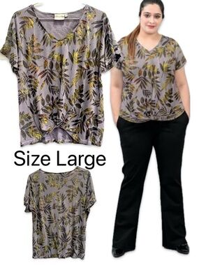 Dantelle Grey Metallic Gold Leaf Print V-Neck Twist Front Hem Top Size Large